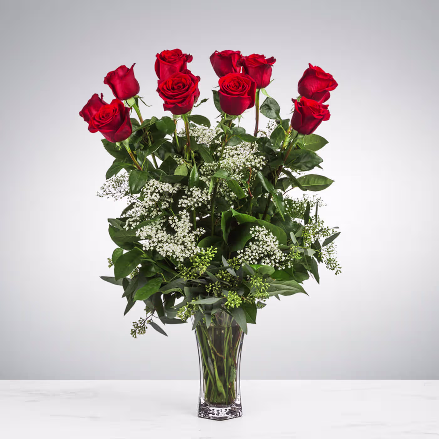 Dozen Long Stemmed Roses with Baby's Breath